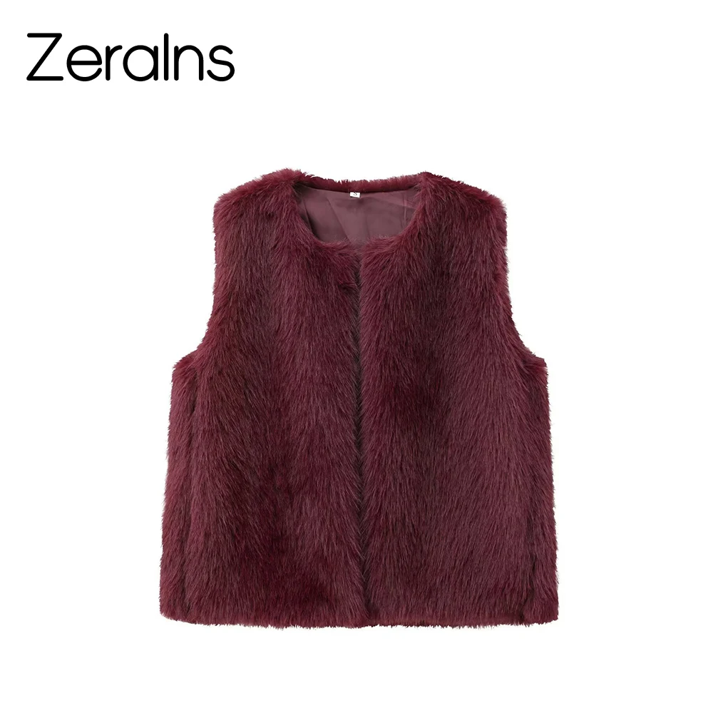 ZERAINS ملابس نسائية جديدة للخريف والشتاء بتأثير فرو صناعي فرنسي بدون أكمام ورقبة دائرية سترة قصيرة