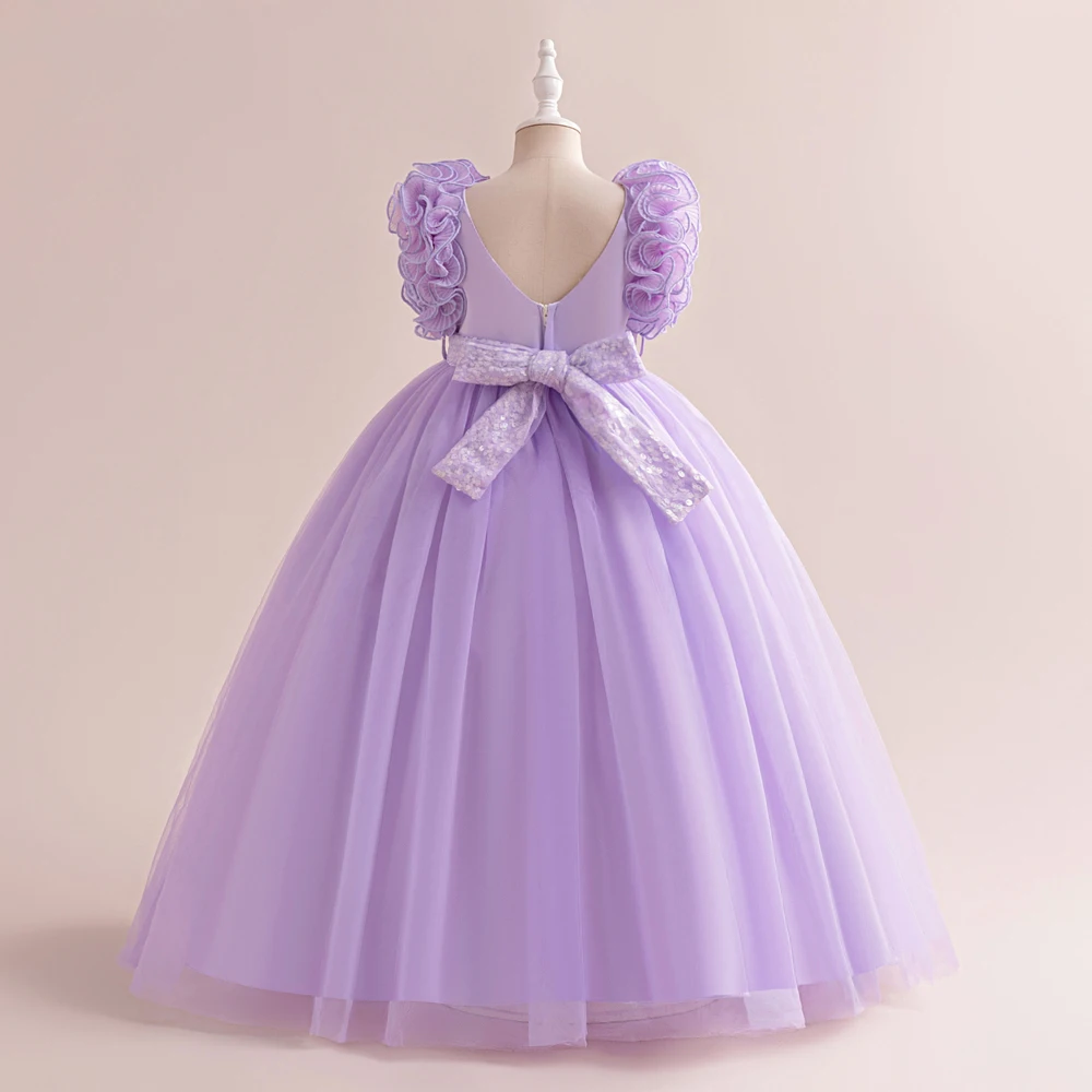 Elegant Girls Party Dress Wediings Flower Kids Gown Princess Purple Birthday Puffy Sleeves Clothes For 4-14Y Children Clothing