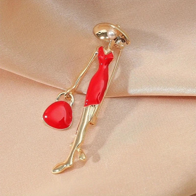 Red Black Pretty Lady Fashion Brooch Enamel Pins Jewelry for Women Bags Hats