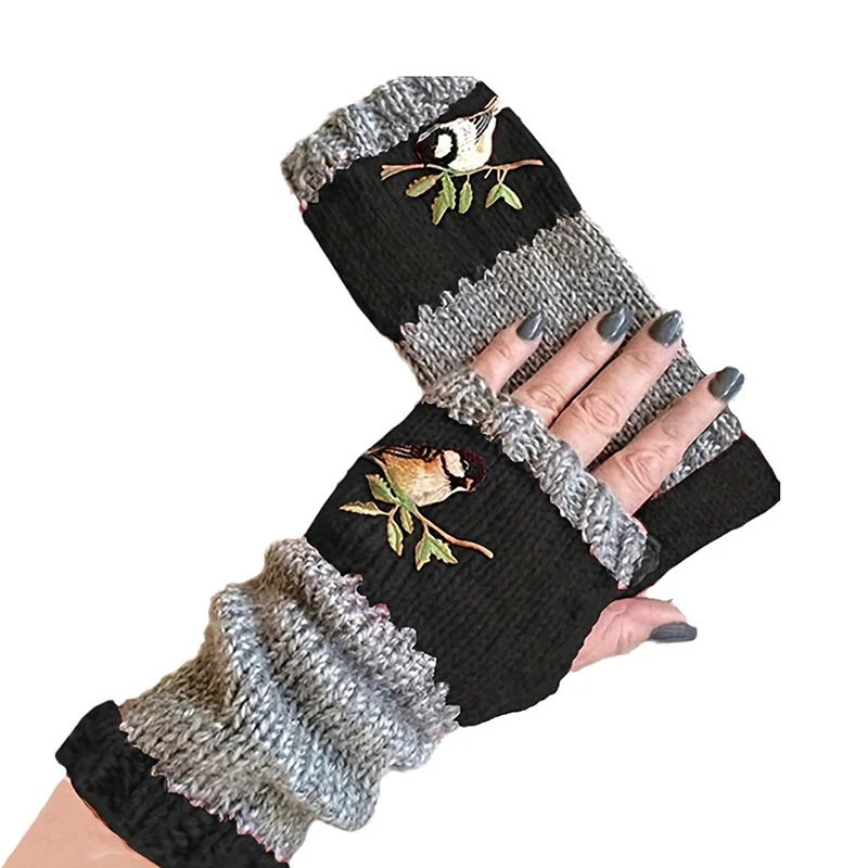 Embroidered Bird Gloves Women's Cotton Fingerless Gloves Knit Block Splice Mittens Women's Fingerless Gloves Christmas Gift