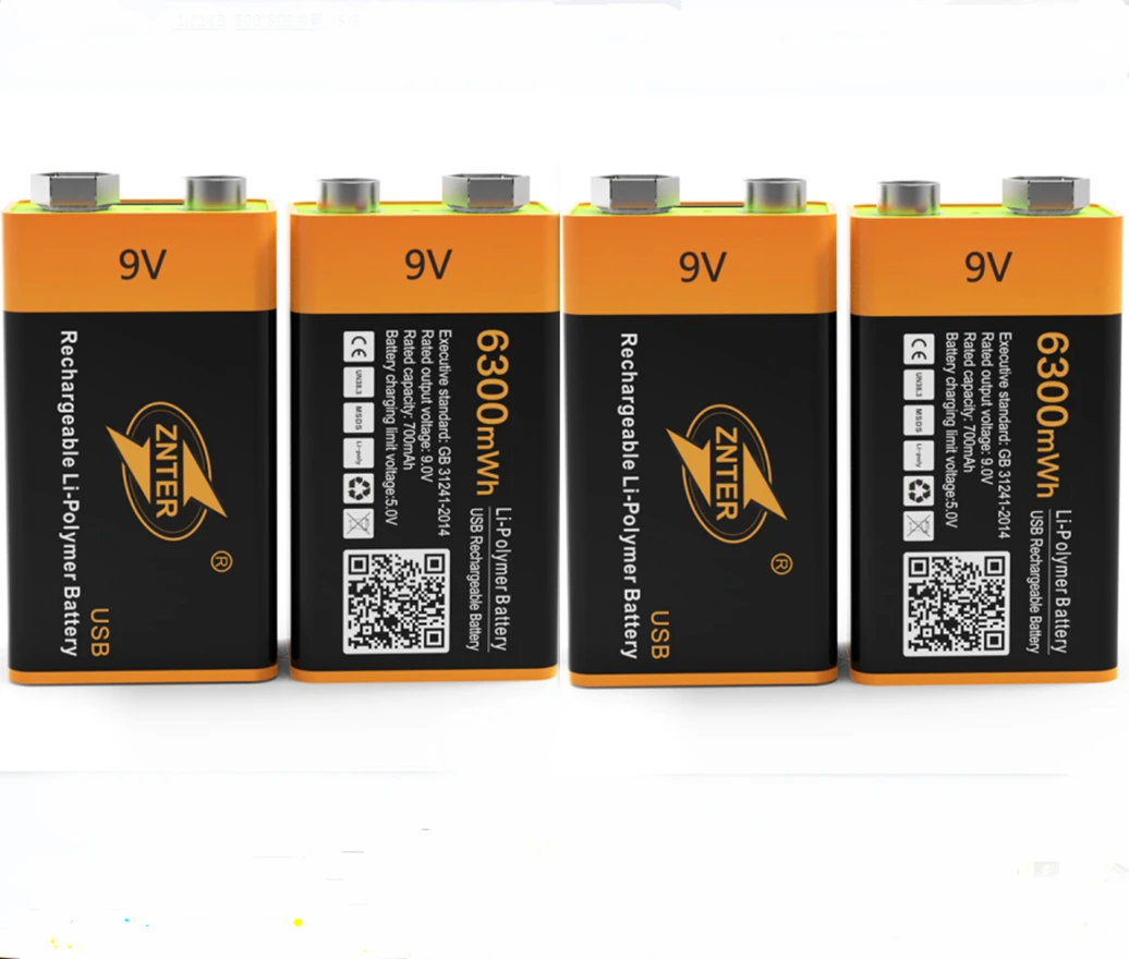 

4pcs/lot 100% ZNTER 6300mWh 9V Rechargeable Lithium Battery 6F22 Fast Charging Battery via Type-C Cable