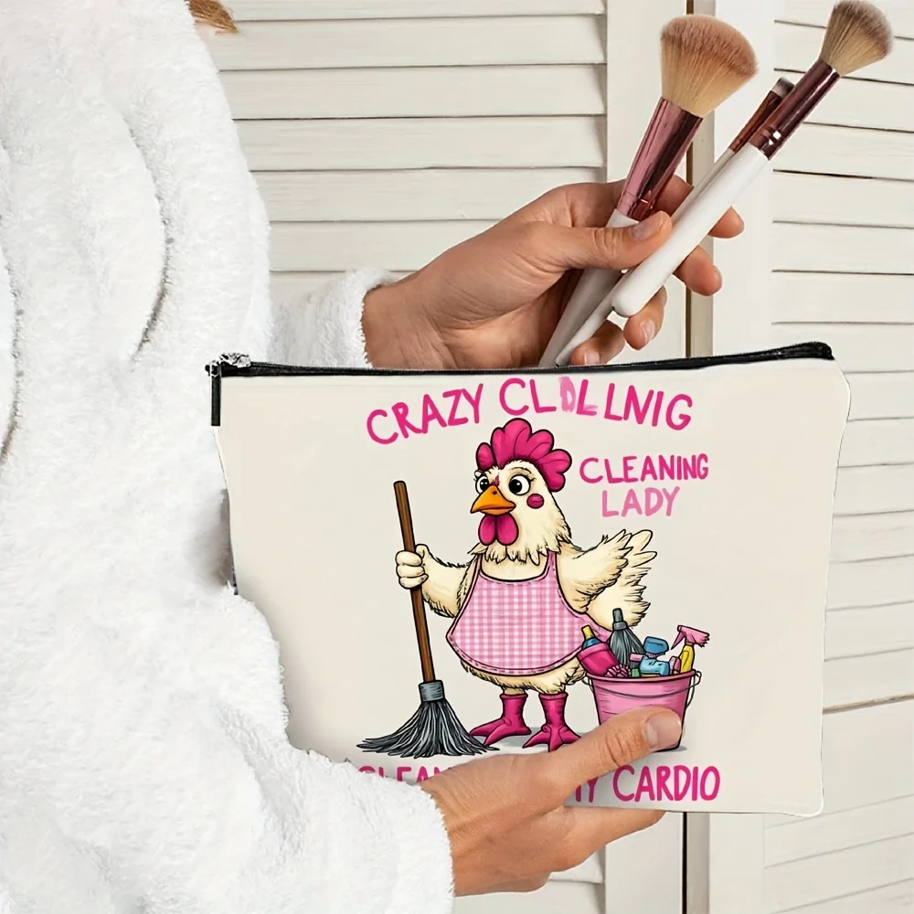 Un sac à cosmétiques imprimé Crazy Cleaning Lady – sac multifonctionnel à fermeture éclair, sac de rangement de bijoux, petit rangement à fermeture éclair de voyage parfait