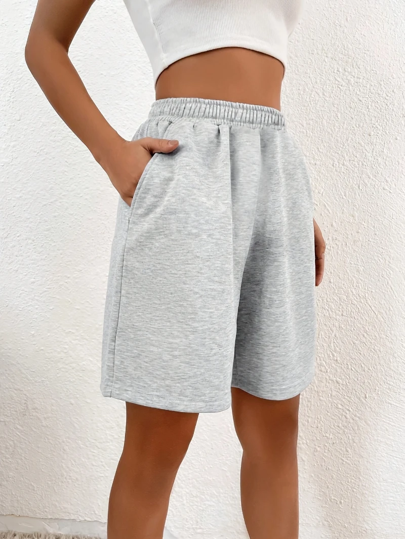Light gray casual athletic shorts soft knit fabric elastic waistband loose fit stylish simple and versatile  shorts women