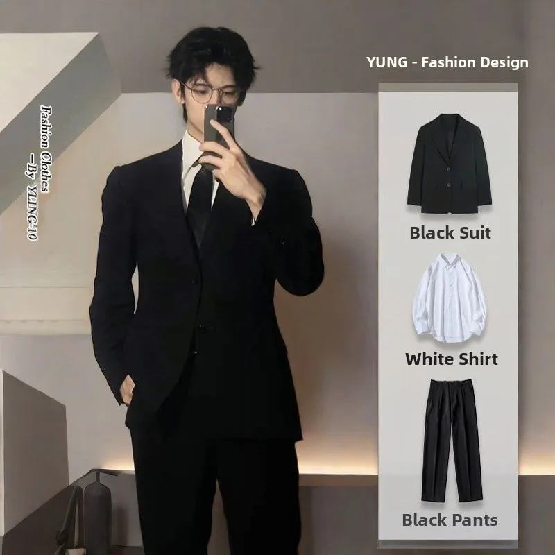 

Fall Mens Suit Full Set High End Formal Wear Student aduation Speech Class orm Set Double Slit Wide Fit Tee Button