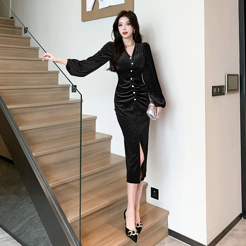 Elegant V-Neck Long Sleeve Velvet Dress Autumn Winter New Style High Waist  Long Dress City Walk H-Shape Fitted Gown