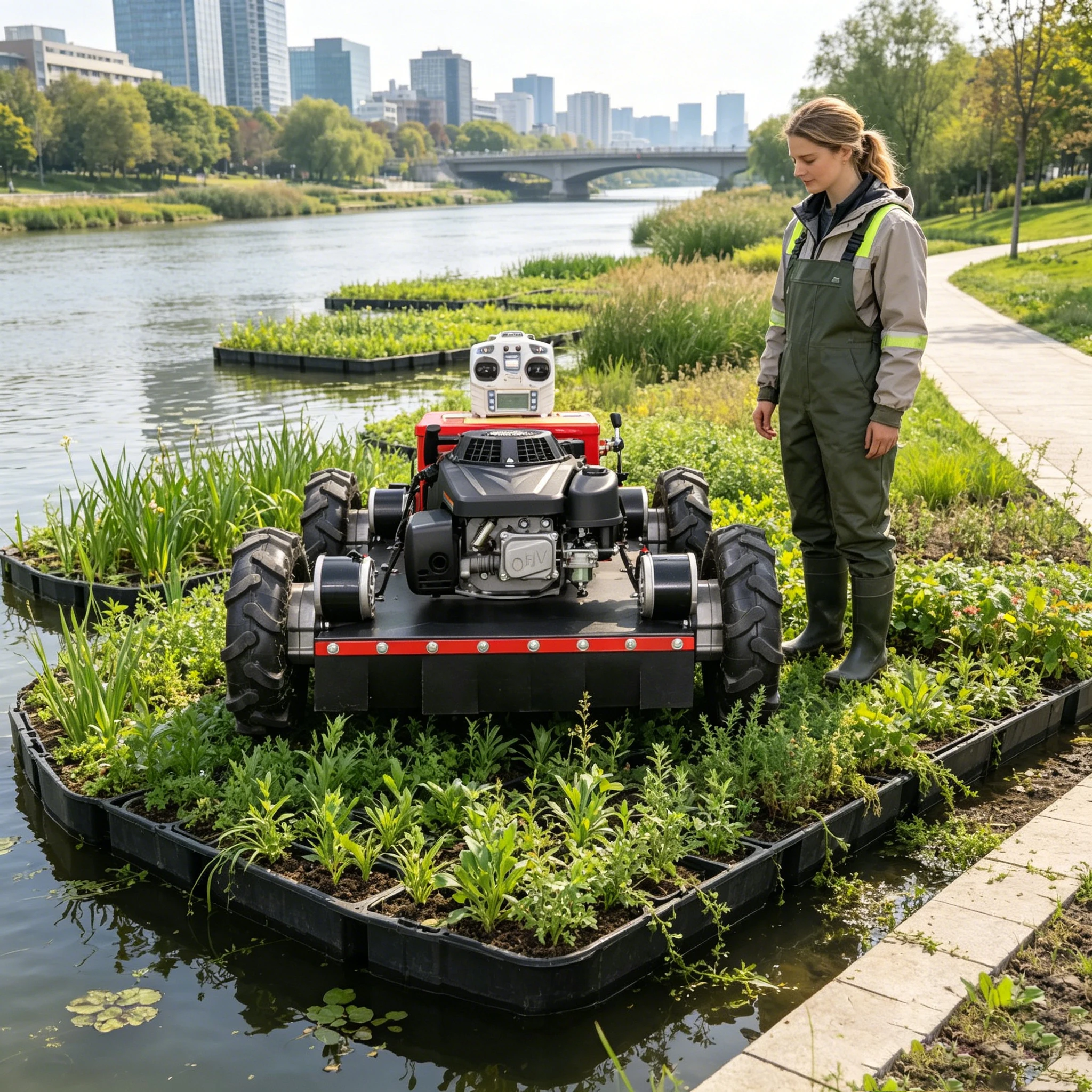 Customized source manufacturer selling intelligent multi terrain lawn mower with rubber tracks for rough terrain