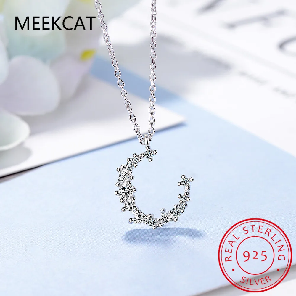 Real Moissanite Necklace Solid 925 Sterling Silver Diamond Crescent moon Pendant Necklace Colar de Prata for Women Party Jewelry