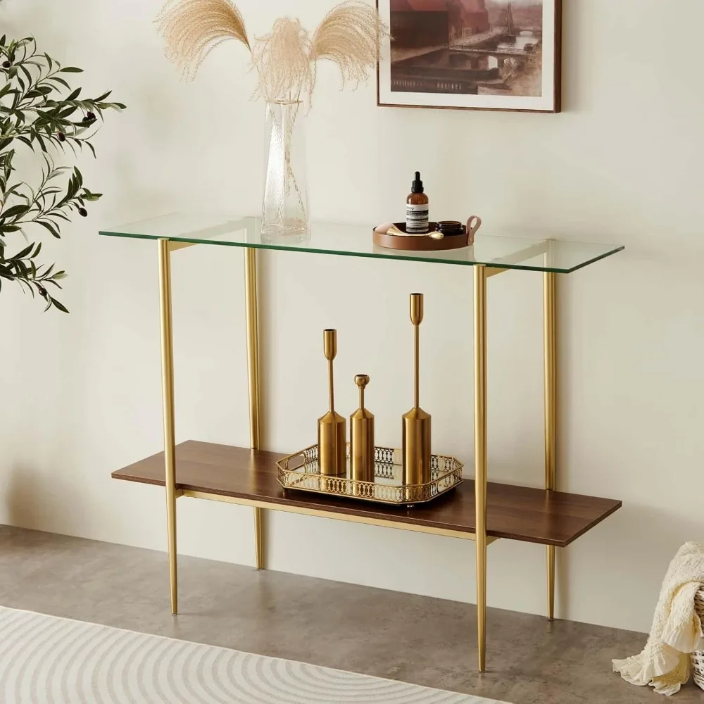 Mid-Century Modern 2-Tier Glass Top Sofa Table with Walnut Finish for Living Room, Foyer, and Entrance