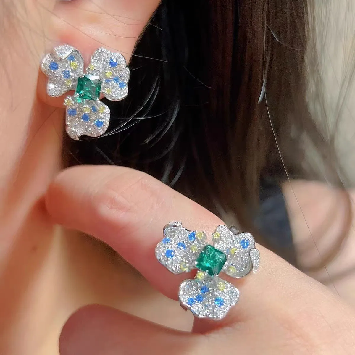 Oil painting style blue-green flowers rings for women  earrings luxury silver 925 full diamonds square emerald jewelry sets