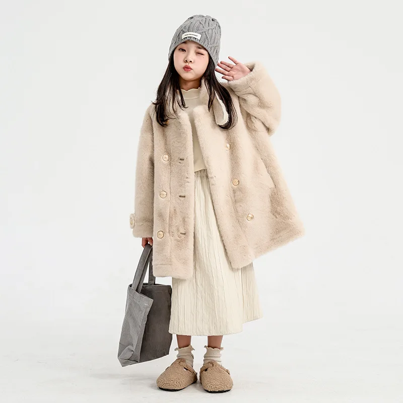 RAISE 2026 Winter Children Girl Woolen Jacket Faux Fur Soft Thick Warm Toddler Kid Girl Overcoat Teen Girl Mid-length Outerwears