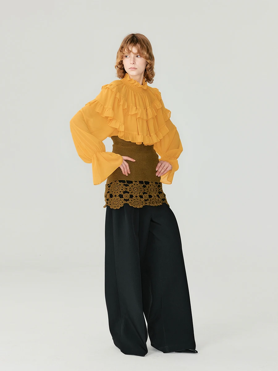 

Романтическая полиэтиленовая блузка с множественной кружевной отделкой, винтажная горчично-желтая шифоновая блузка свободного покроя, длинная женская све