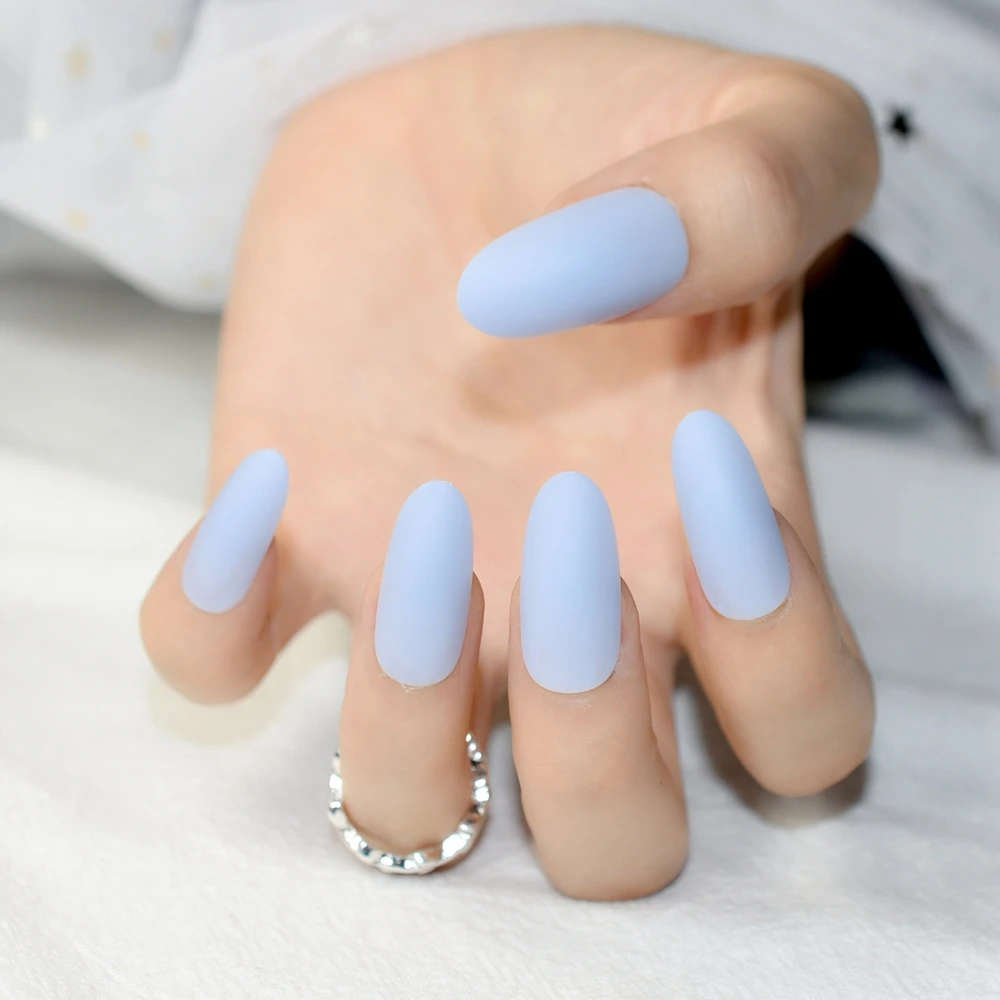 Matte Sky Blue Nail Art Tips Salon Quality Super Long Oval False Nails Fashion Fairy Pre-designed Nails