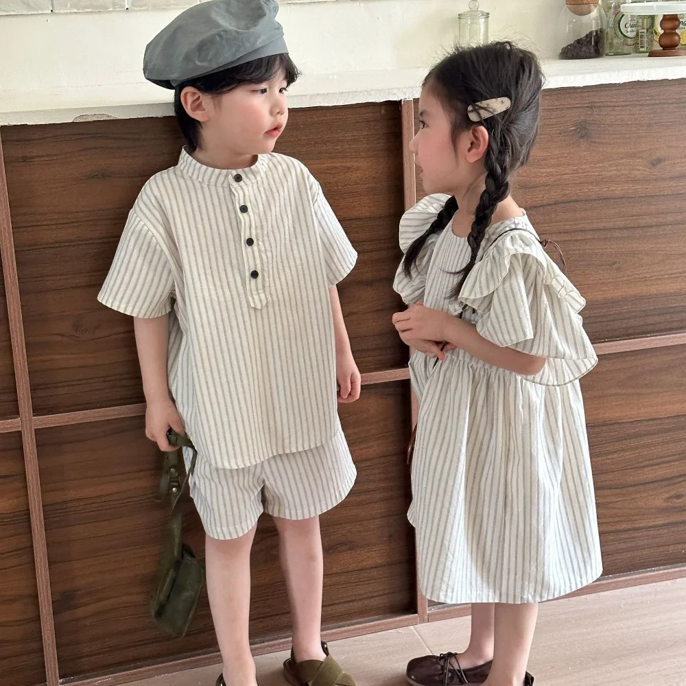 New Summer Sibling Matching Outfits Boys Striped Short Sleeve Cotton Two Piece Set Girls Pure Cotton Dress Kids Family Clothes