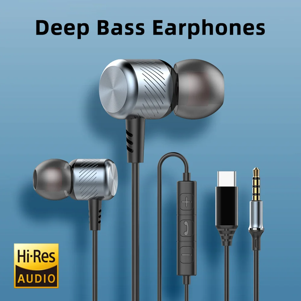 

Deep Bass Metal Wired Earphones DAC Type C 3.5mm With Mic Earbuds Sport Music Headset For Mobile Phones Laptops PC Headphones