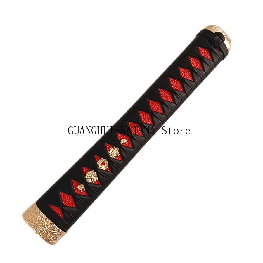 26CM Black leather Handle For Japanese Samurai Sword Kirsite Tsuka Brass Copper Fuchi Kashira Katana/Wakizashi DIY Fitting