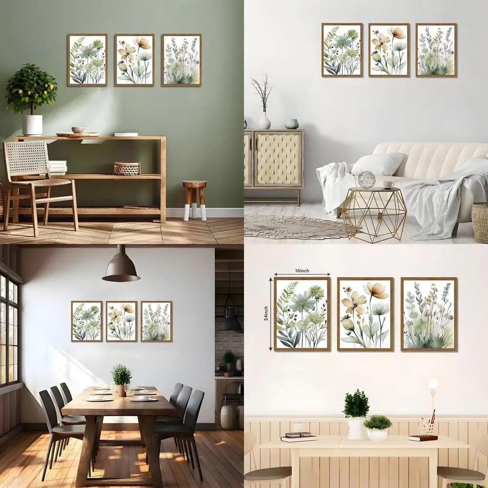 

Sage Green Botanical Art Set, 3 Boho Floral Canvas Prints, Minimalist Flower Wall Decor for Home, 16x24