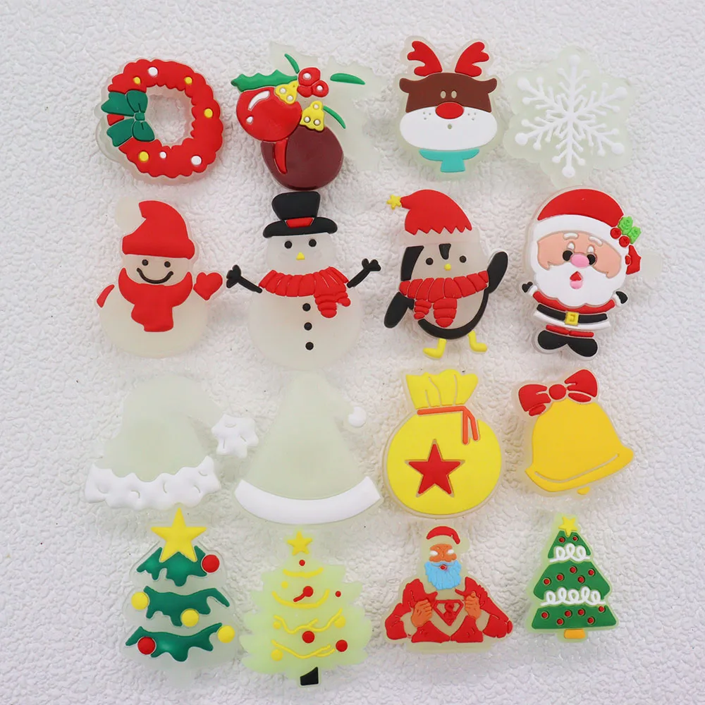 1-16PCS PVC Grow on The Night Luminous Christmas Tree Snowflake Santa Claus Elk Snowman Shoe Charms Children Adorable Decoration