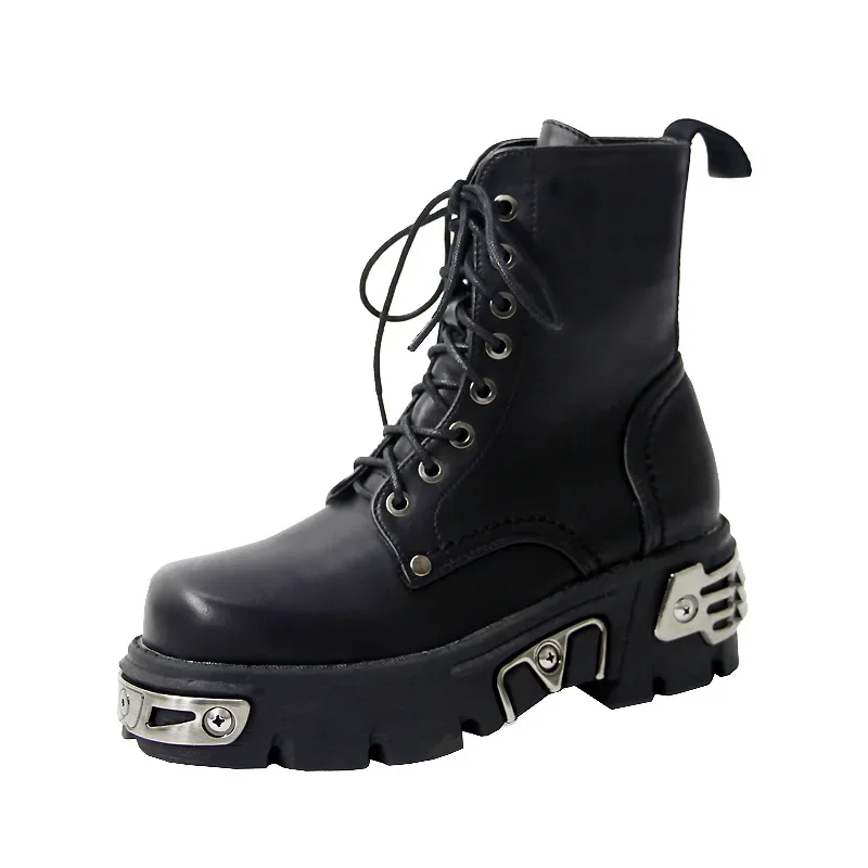 Bottes de rinçage à plateforme de style punk pour femmes, bottes de moto noires, grosses chaussures épaisses, décor en métal, mode pour dames,