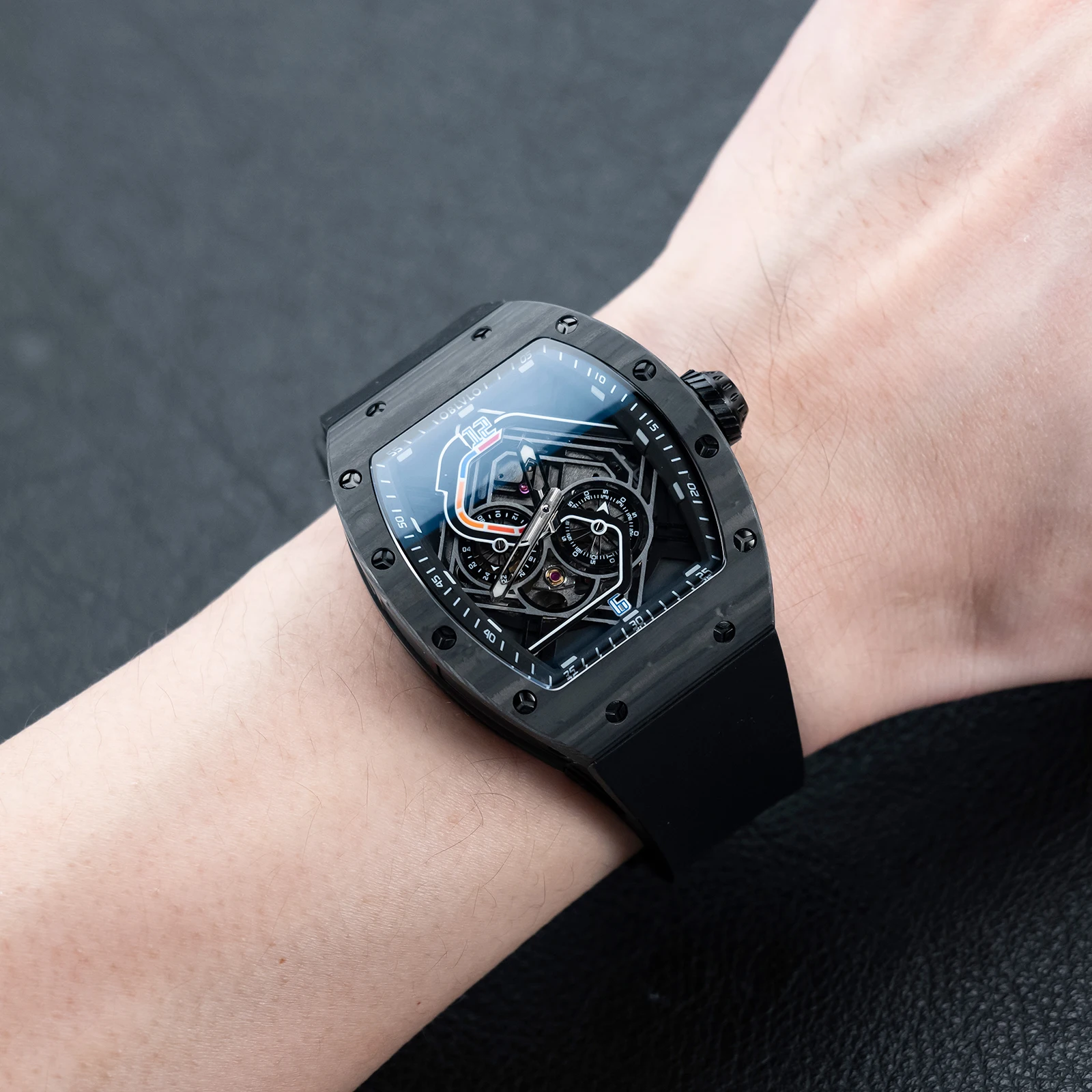 OBLVLO Men's Trendy Full Black PVD Racing Style Skeleton Watch Analog Mechanical Tonneau Rubber Band Sport Relojes XM-Racing