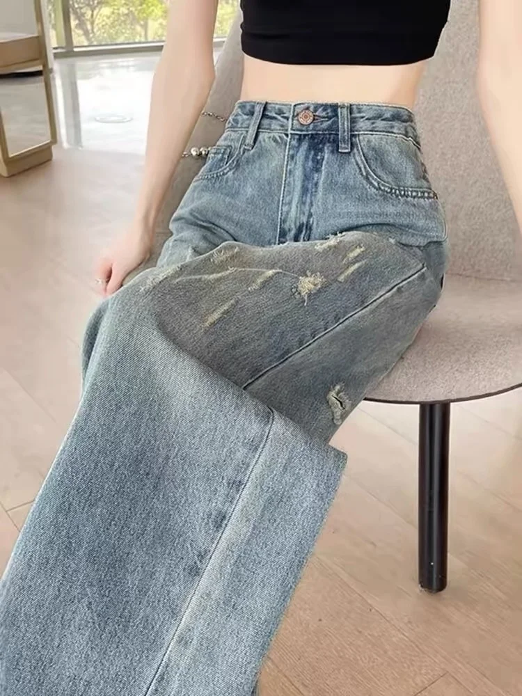 American Style Vintage Washed Denim Jeans Women's Autumn 2026 New Pear Body Shape Lazy Draped Floor-Length Pants