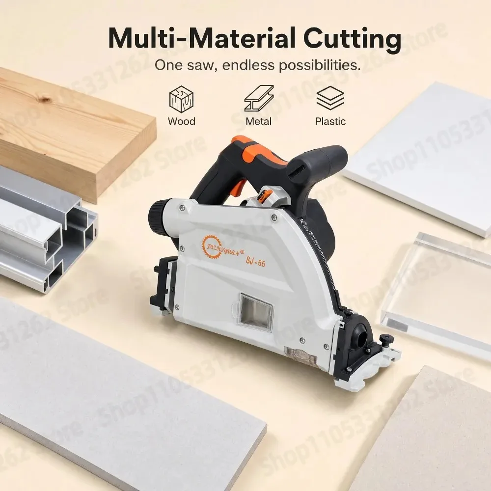 110V JZY SJ-55 Brushless Track Saw Kit 2KW 55mm 6470RPM 6-Speed Plunge Saw for Wood Aluminum – Dust Free Quick Stop