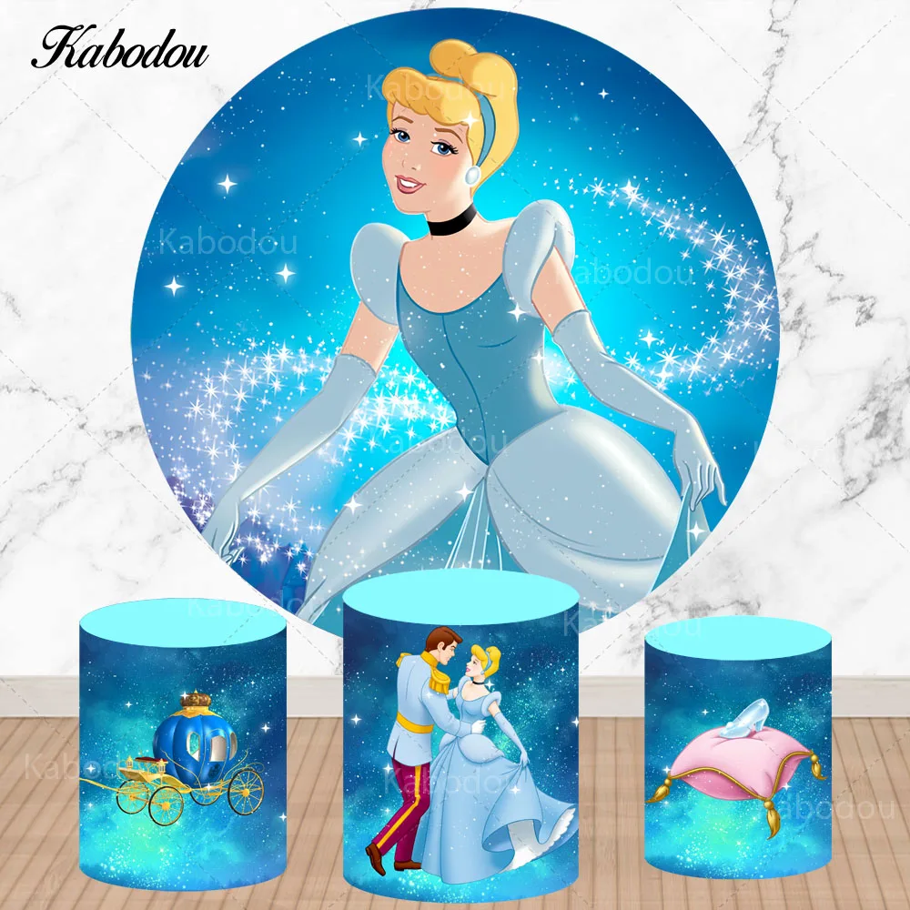 Cinderella Circle Photo Backdrop Girls Birthday Baby Shower Disney Princess Round Photography Background Cylinder Covers