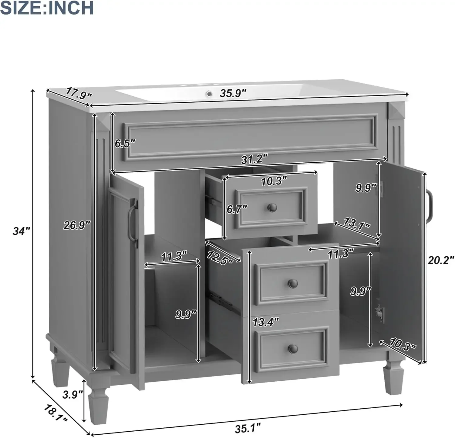 Bathroom Vanity with Royal Grey Mirror Cabinet,Modern Bathroom Storage Cabinet with Top Sink,2 Soft Closing Doors and 2 Drawers,