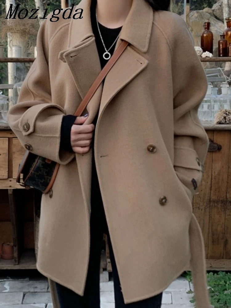 

Autumn winter Chic Vintage Lapel Double Button Pure Color Loose Casual Long Sleeve Versatile Ladies Woolen Coats manteau femme