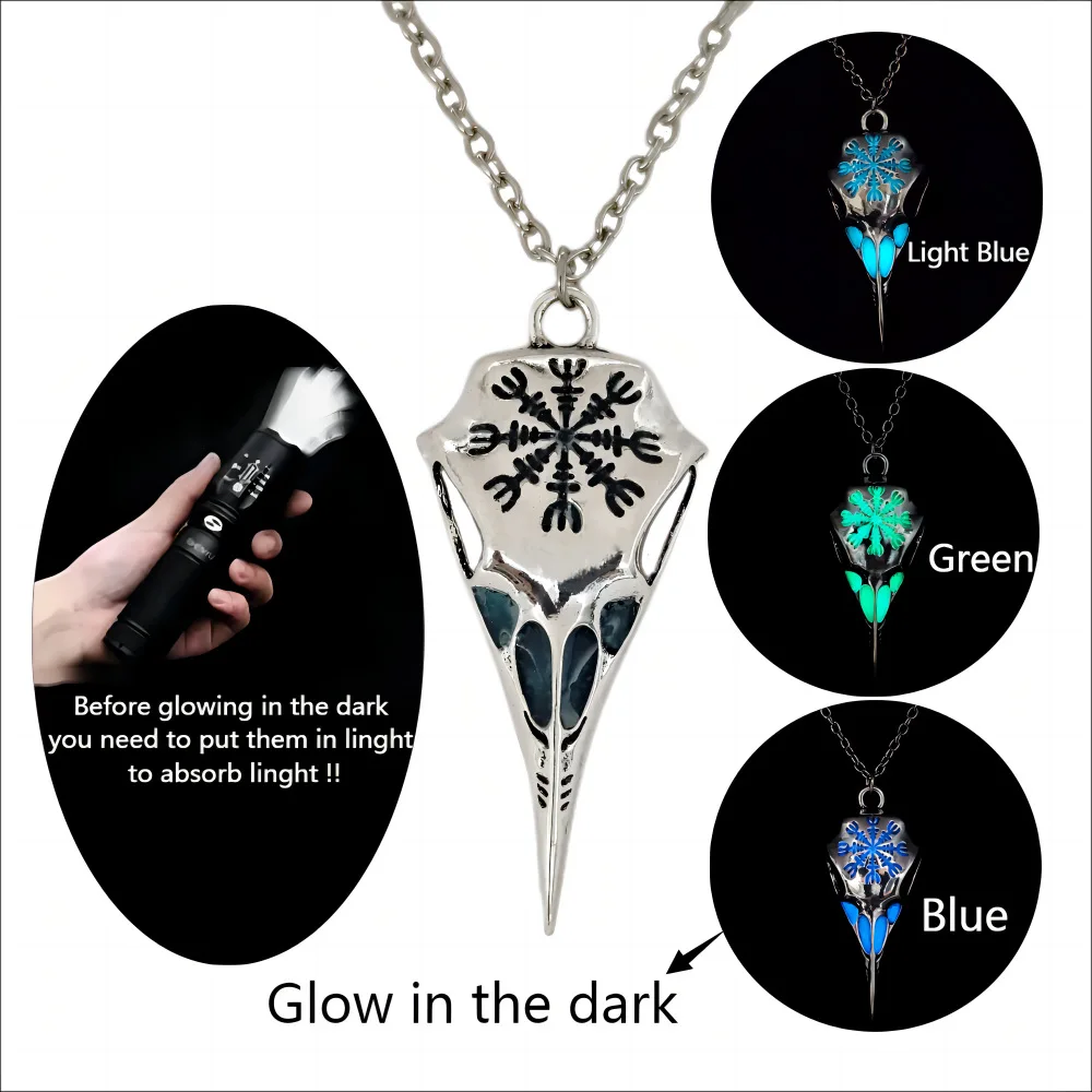Nordic Odin Crow Skull Luminous Necklace Gothic Compass Rune Glow-in-the-Dark Sweater Chaian Pendant Necklace for Men Women