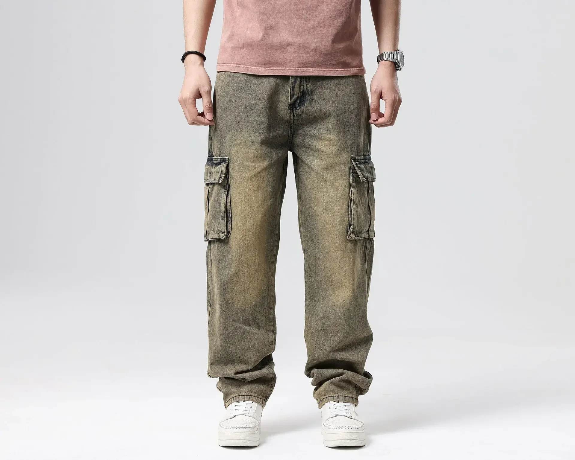 Distressed Jeans Men Baggy Straight Pants High Waist Multi Pocket Washed Ankle Length Trousers Denims 2024 Autumn Streetwear