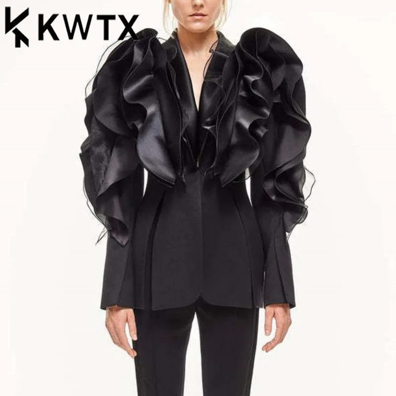 

KWTX Mesh Ruffle Design Blazers Women's Gathered Waist Fit Jackets Tide Female Coats Temperament Clothing 2025 Spring New
