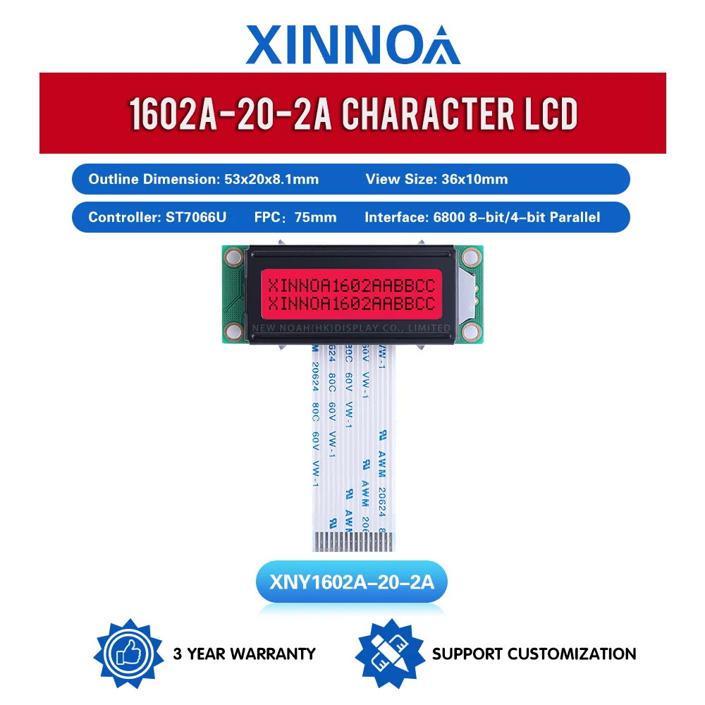 Red Light Black Letters 1602A-20-2A Character Dot Matrix Screen 2X16 LCD FPC75MM 53X20MM ST7066U Parallel Display Device