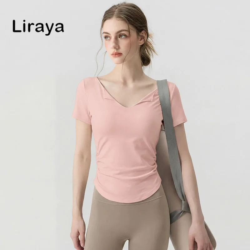 camiseta-de-yoga-feminina-com-decote-em-v-ajustada-manga-curta-secagem-rapida-top-esportivo-para-fitness-corrida-e-treino