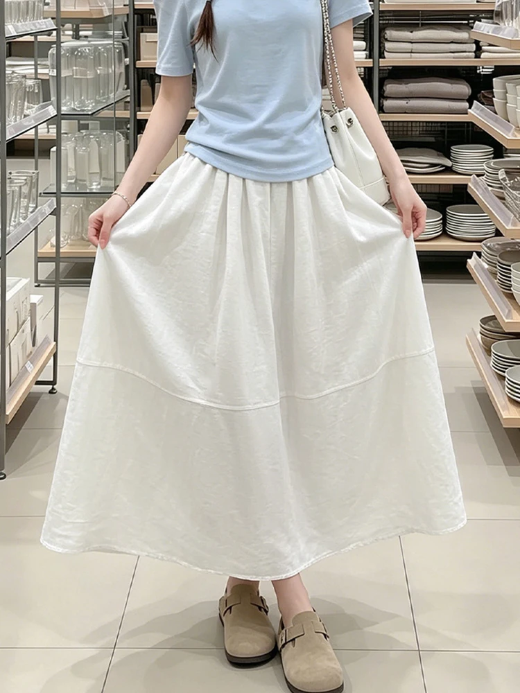 Japanese Style Cotton Linen Maxi Skirts for Women Summer High Waist Pleated A-Line Skirt Loose Casual Minimalist Long Jupe Femme