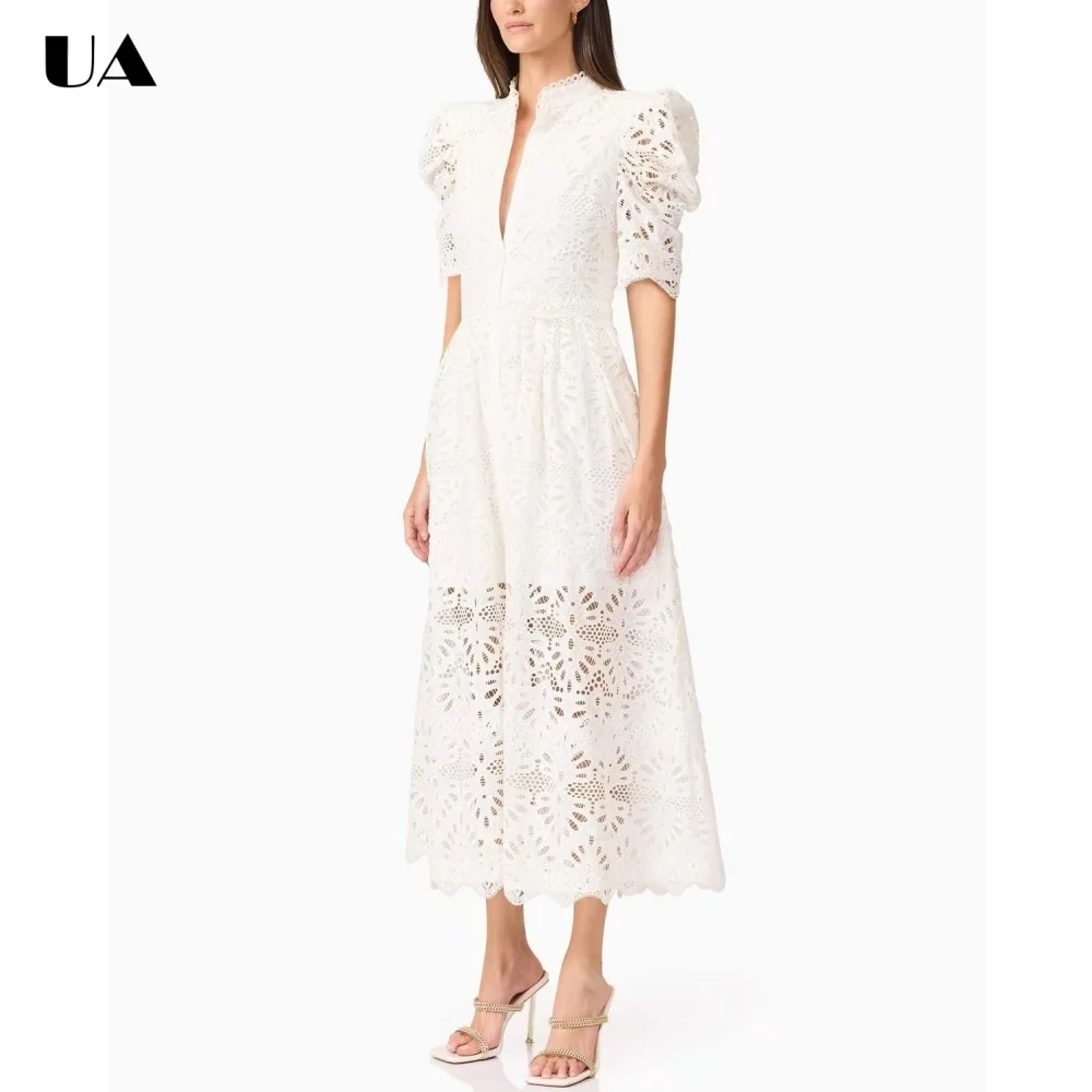 

Trendy Lace Turtleneck Hollow Out Prom Dresses for Women, Elegant Puff Sleeve Long Dress, Fashionable Waist-cinching Party Dress