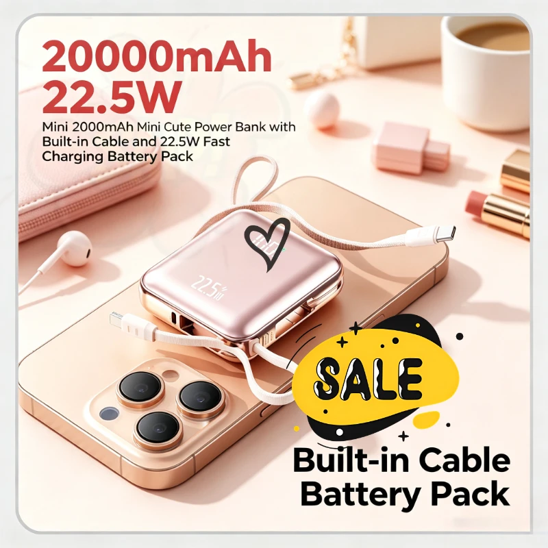 2027 Brand‑new 22.5W Fast Charging 20000mAh Mini Cute Power Bank with Built‑in Cable Compatible with IPhone Xiaomi Samsung