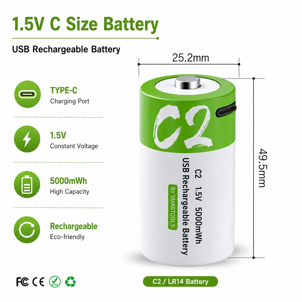C Size 1.5V 5000mWh LR14 Rechargeable Battery Type-C Fast Charging for Flashlight Gas Cooker Toys Electronic Keyboard Batteria