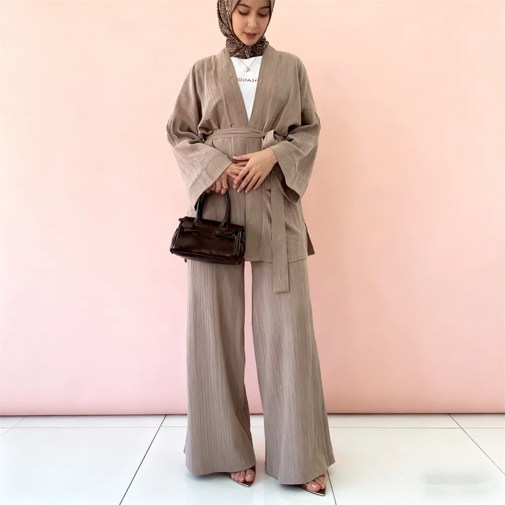 

Мусульманские комплекты для женщин, кимоно, кардиган, брюки с поясом, турецкая одежда, исламская одежда, Абая, кафтан, костюм Femme Musulmane, ансамбли