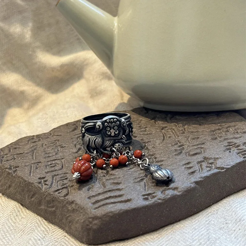 Foxanry Round Beads Pendant Lion Rings For Women New Chinese Style Vintage Creative Unique Trendy Handmade Party Jewelry Gifts