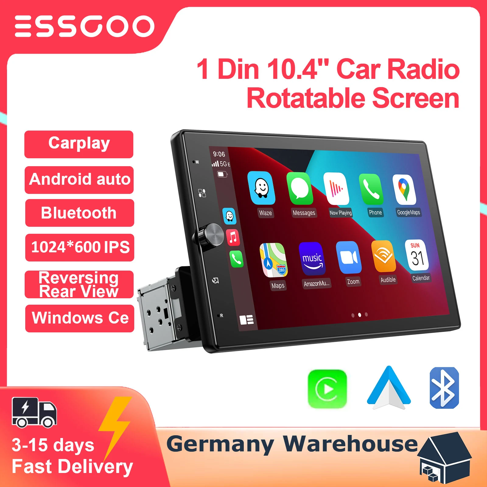 ESSGOO 10,4 Zoll drehbares Autoradio 1 Din Drehen Autoradio Stereo Caplay Multimedia Player Rotation IPS Bildschirm Universal