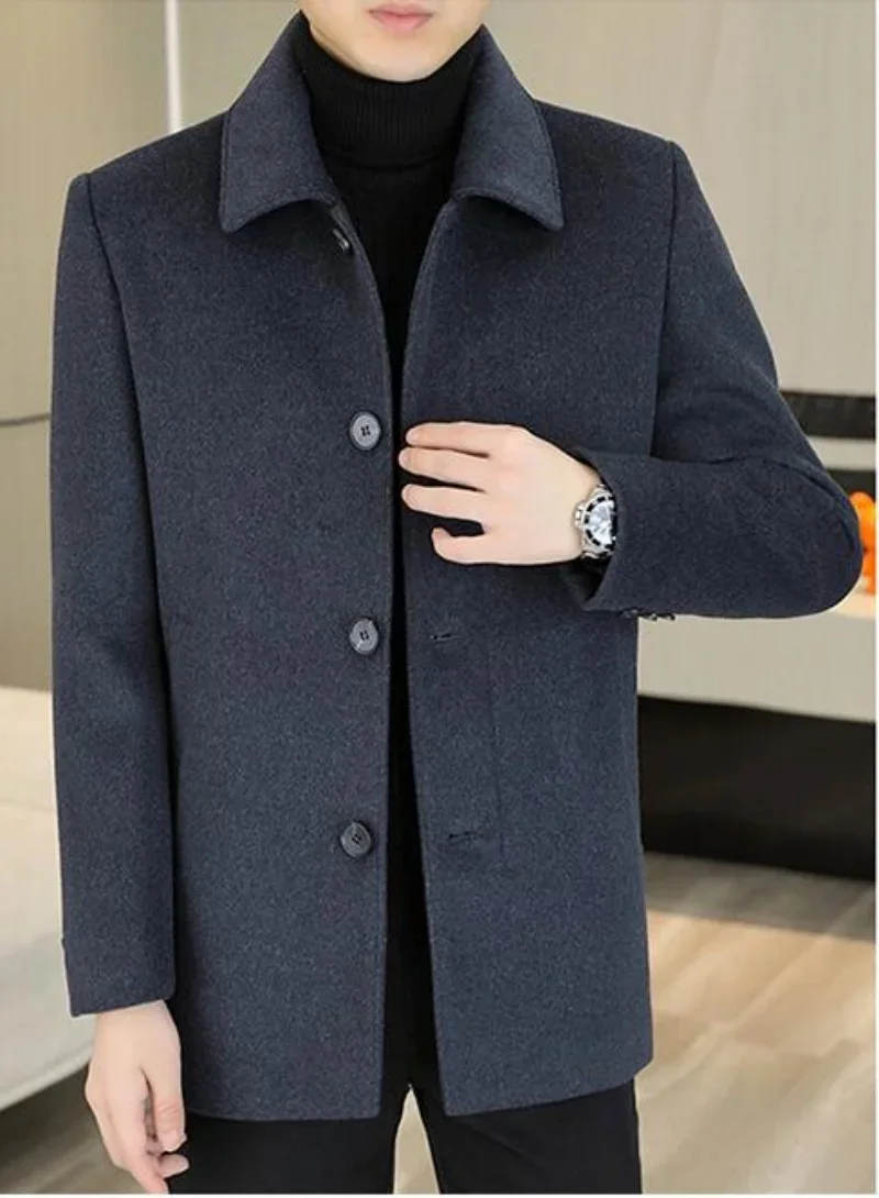 Business Casual Winter Men's Cotton Thicken Overcoat Solid Warm Mid-Length Windbreak Jackets Outwear Woolen Coats Trench