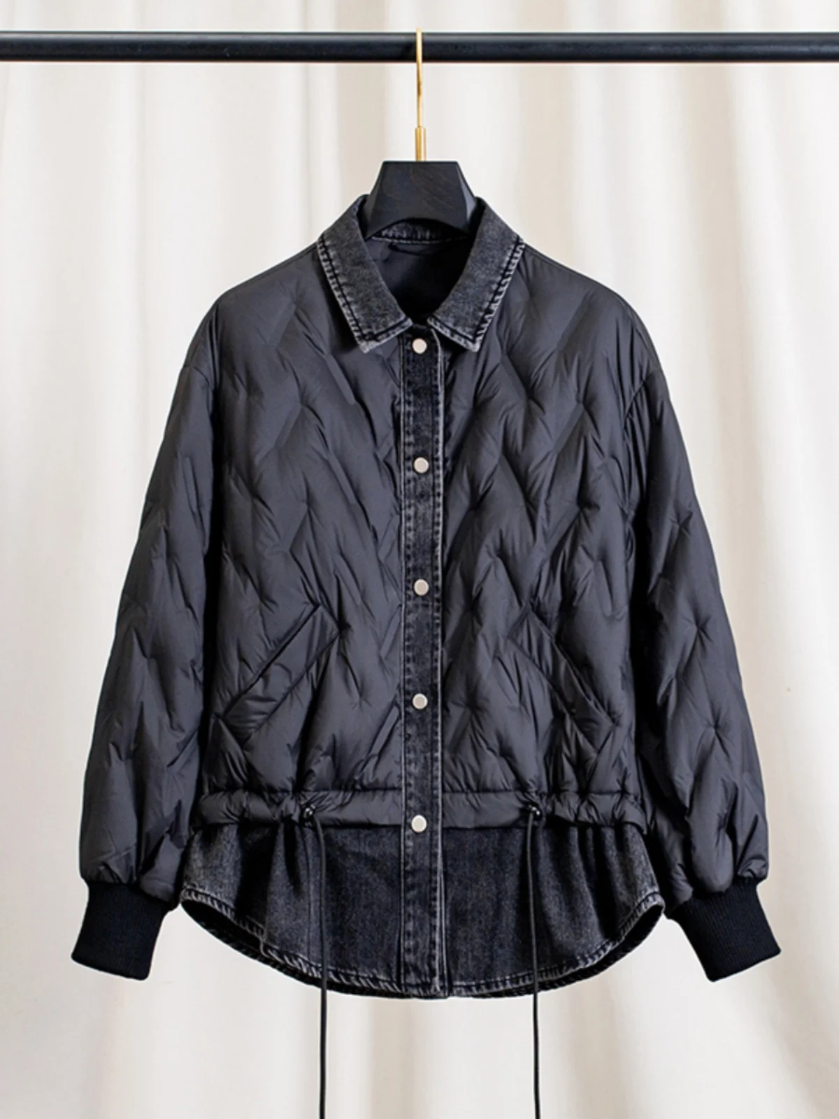 

Lightweight Goose down Jacket Lazy Style Loose Fit Thin Design Casual Women's 2026 New Denim Patchwork Unique Korean Version