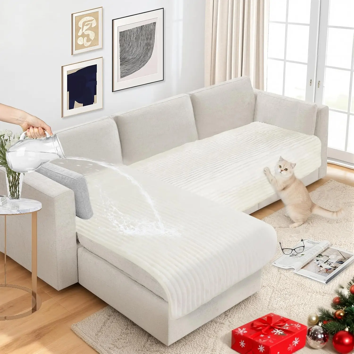 

Водонепроницаемый фланелевый полосатый чехол для дивана для собак, противоскользящий моющийся коврик-протектор для домашних животных (2 шт., кремовый)