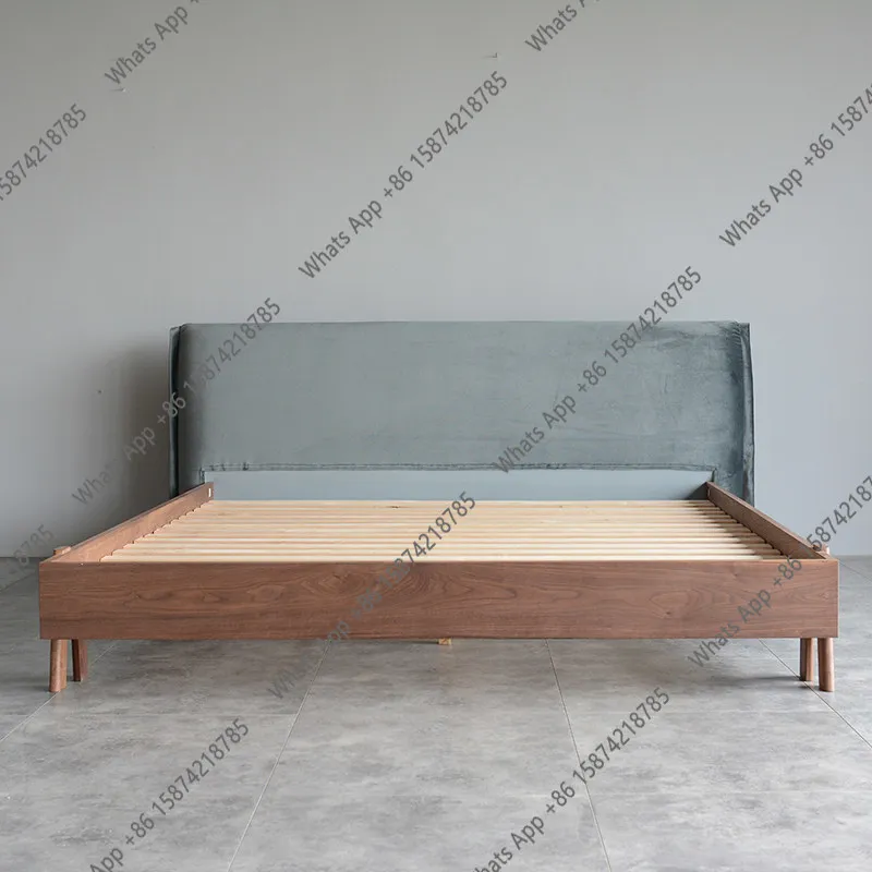 Cama Doble Nórdica de Madera Maciza para Dormitorio Principal, Cama de Matrimonio Japonesa Moderna y Sencilla, Cama de Tela con Bolsa de Tela Suave, Minimalista de Terciopelo