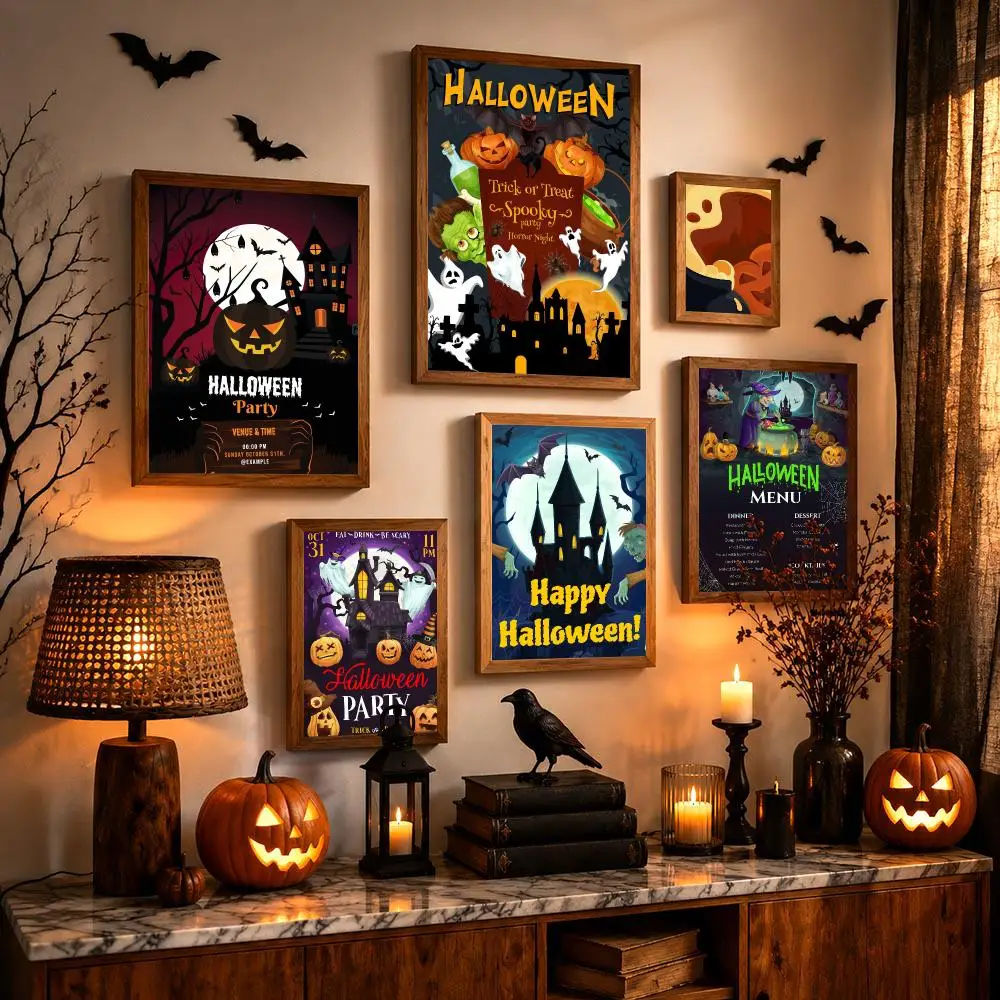 Vintage Halloween Pumpkin Heads Painting Calligraphy Modern Halloween Wall Art for Bedroom Living Room Minimalist Home Decor