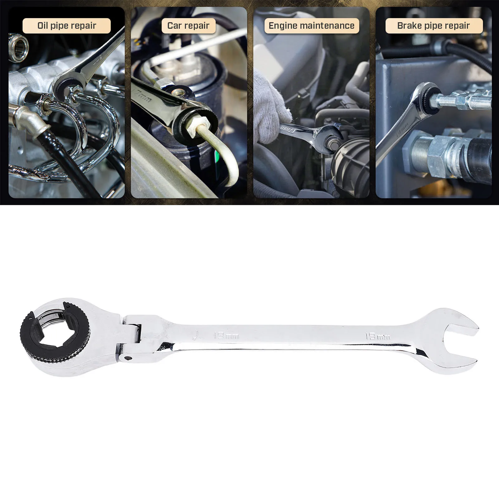 19mm Open Flex Head Ratcheting Wrench 72 Tooth 180 Degree Adjustable Tubing Ratchet Wrench for Fuel Brake AC Lines