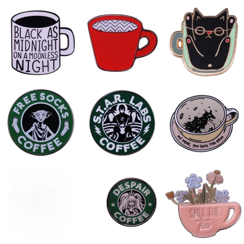 High Quality Cute Cats in Water Cup Enamel Pins Custom Flower Coffee Mask Backpack Lapel Badges Cartoon Jewelry Gifts Wholesale