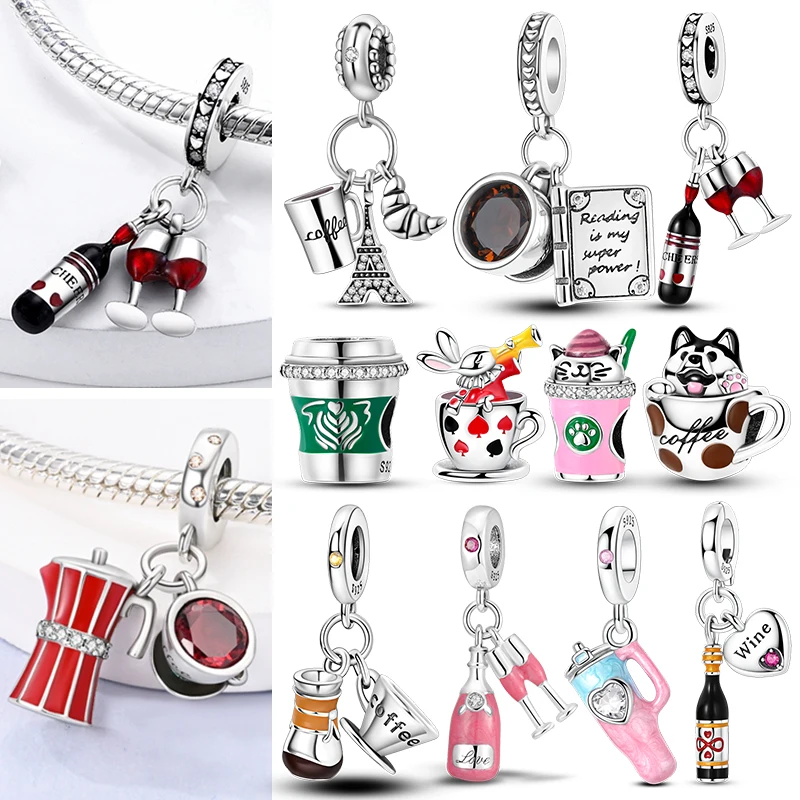 Charms Beads 925 Sterling Silver Coffee Cup Wine Glass Champagne Charms Pendant Cup Series Fit Bracelets DIY  Women Jewelry Gift