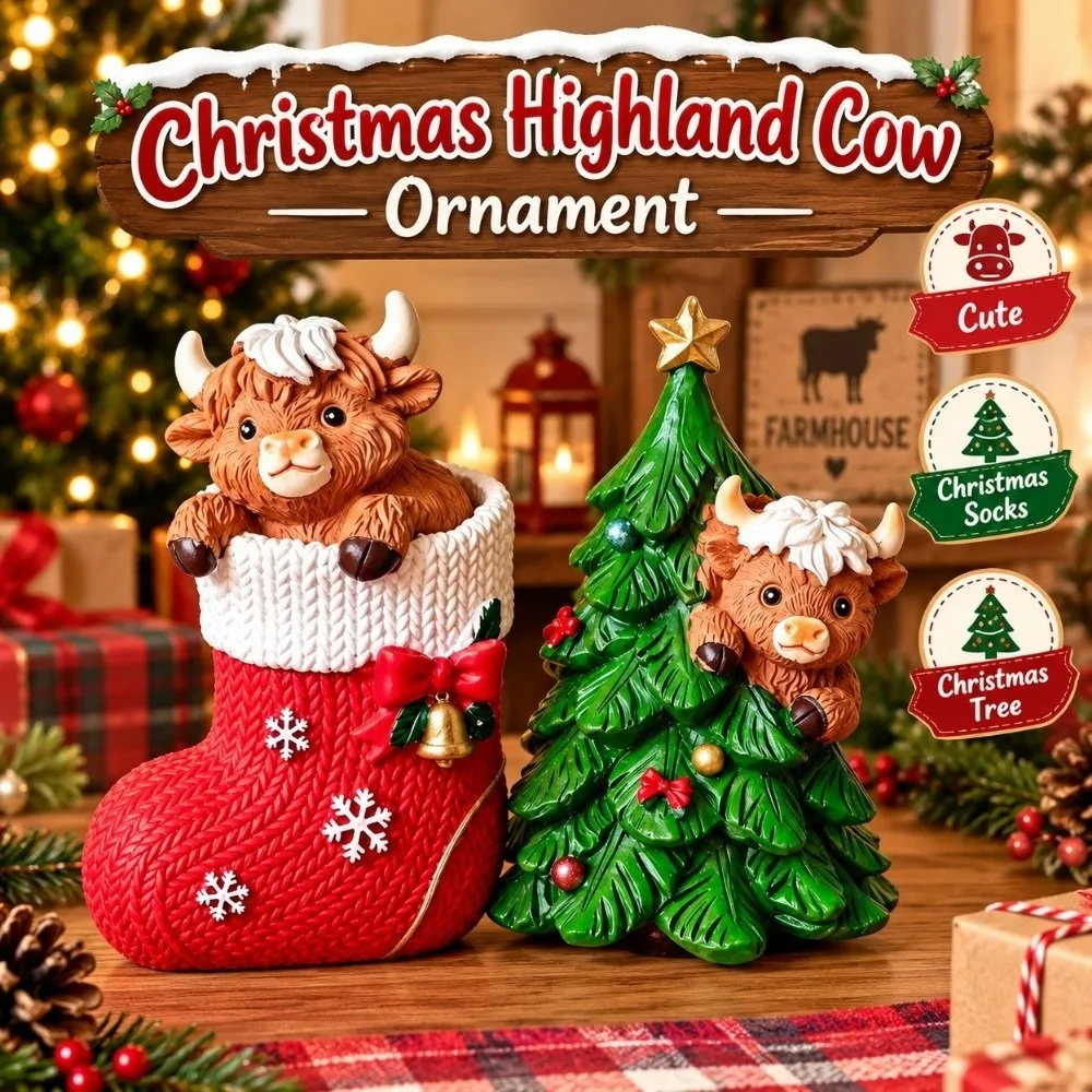 Cute Christmas Highland Cow Ornament Christmas Socks Christmas Tree Resin Cow Ornament Fun Farmhouse Cow Figurines Home Gift