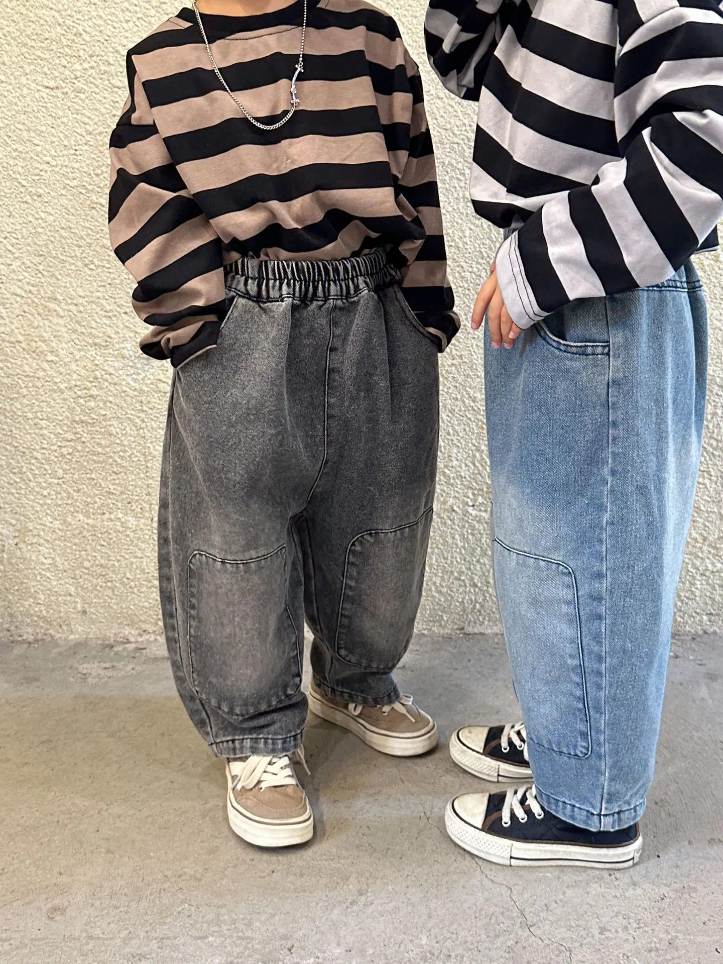 Boy Girl Children Patch Casual Jeans Autumn Winter Clothes Kid Loose Pocket Retro Denim Pants Baby Cotton Solid Fashion Trousers